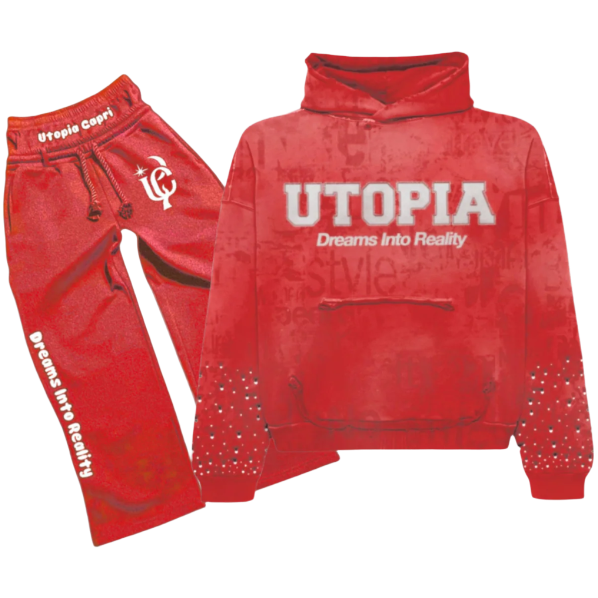 Red 'UTOPIA' hoodie and pants set on a white background