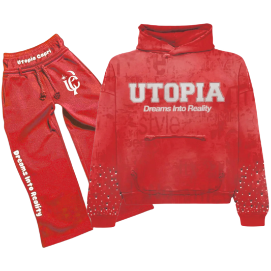 Red 'UTOPIA' hoodie and pants set on a white background